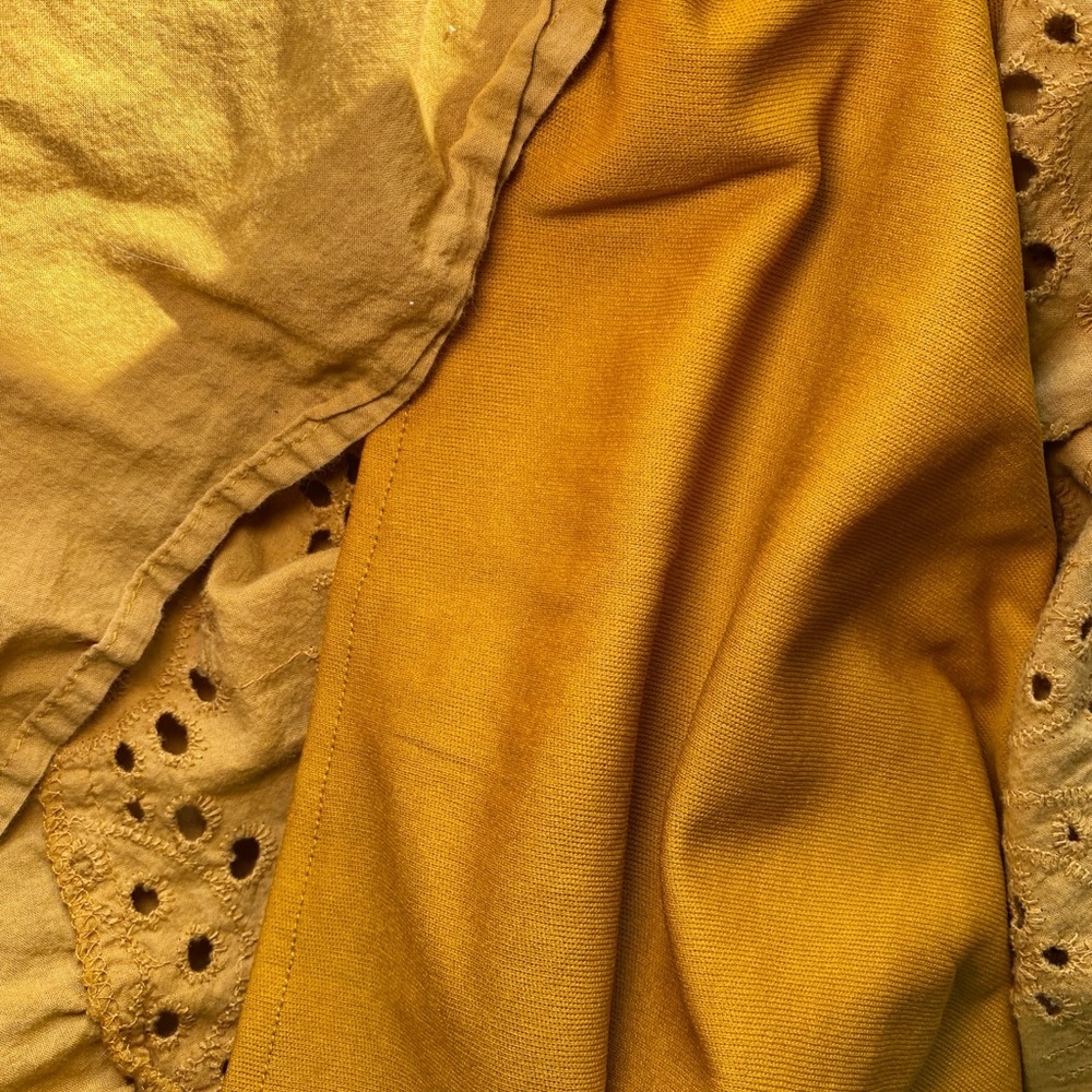 J Gee Mustard Yellow Boho Eyelet Tiered Midi Dress - Smocked Waist, V-Neck - Picture 11 of 16